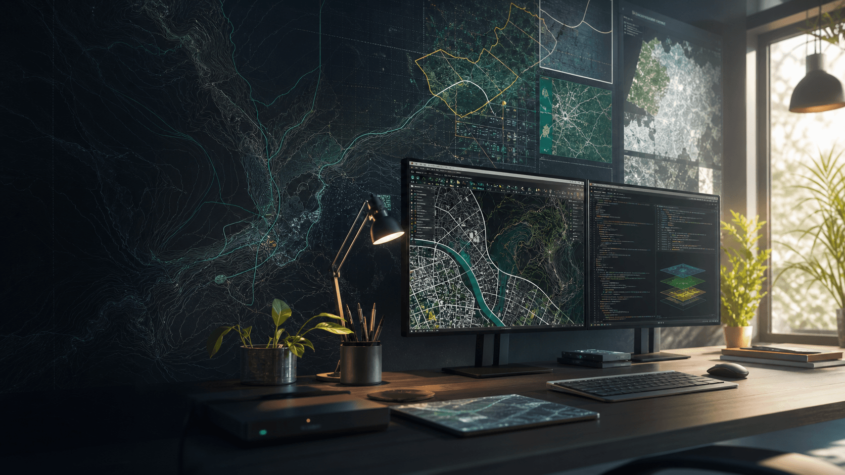 Layered digital maps and geospatial interface panels in a modern analysis workspace.
